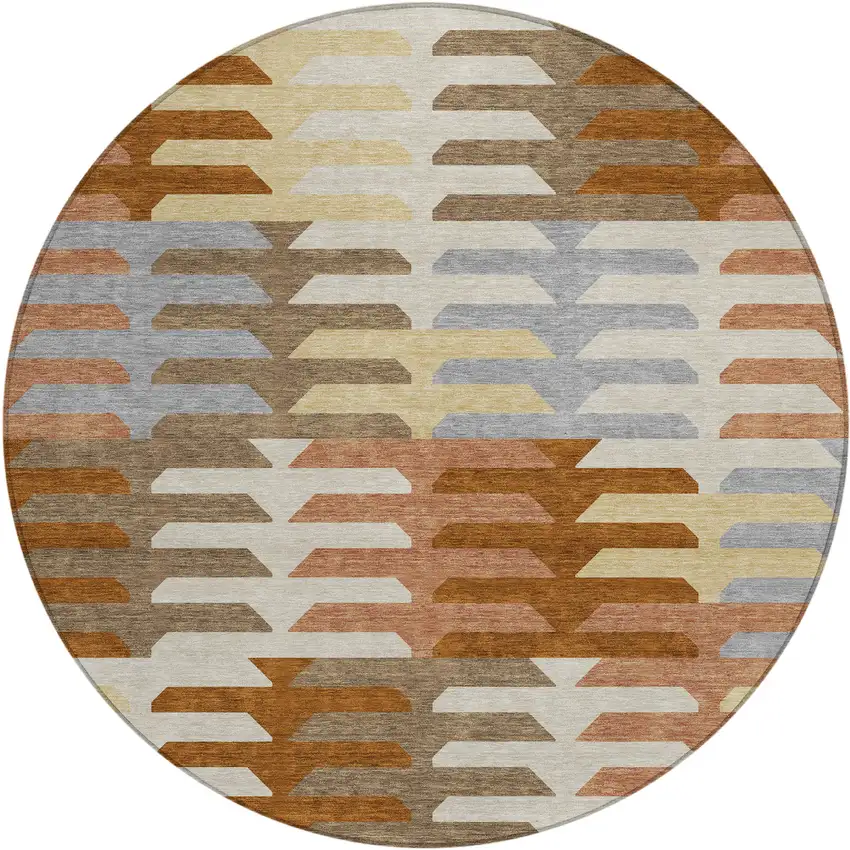 8' Copper Wheat And Beige Round Geometric Washable Indoor Outdoor Area Rug Photo 2