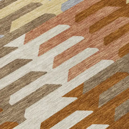 8' Copper Wheat And Beige Round Geometric Washable Indoor Outdoor Area Rug Photo 9