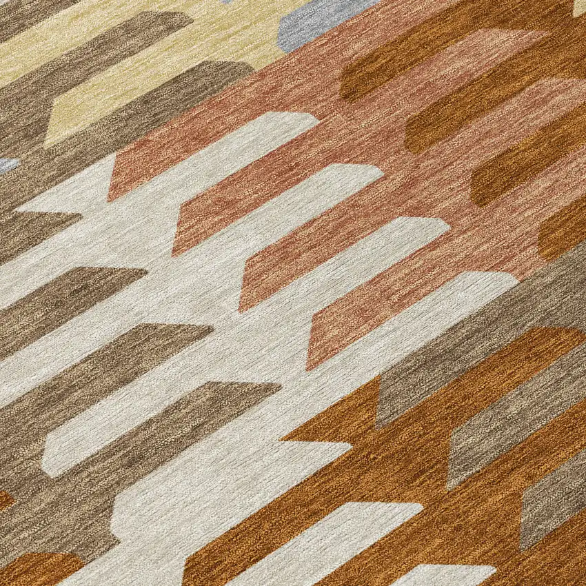 8' Copper Wheat And Beige Round Geometric Washable Indoor Outdoor Area Rug Photo 9