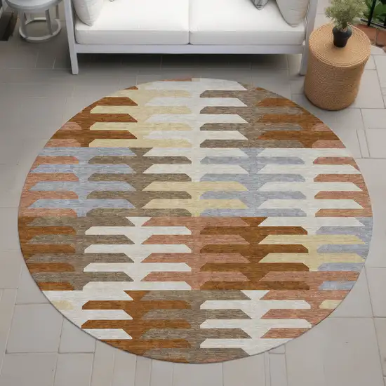 8' Copper Wheat And Beige Round Geometric Washable Indoor Outdoor Area Rug Photo 7