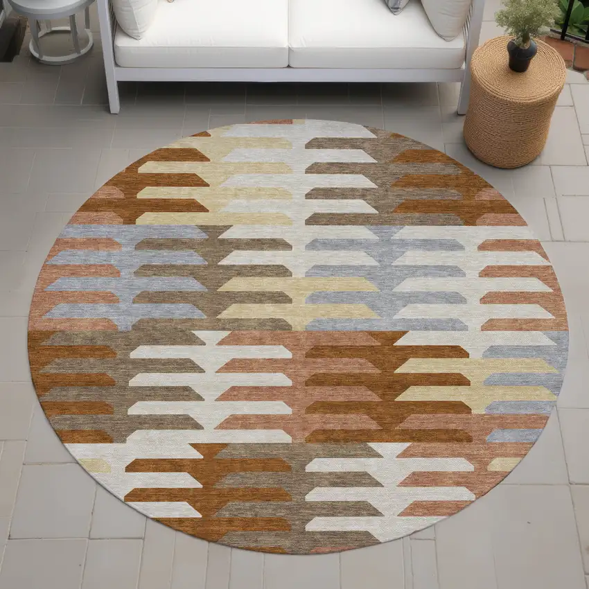8' Copper Wheat And Beige Round Geometric Washable Indoor Outdoor Area Rug Photo 7
