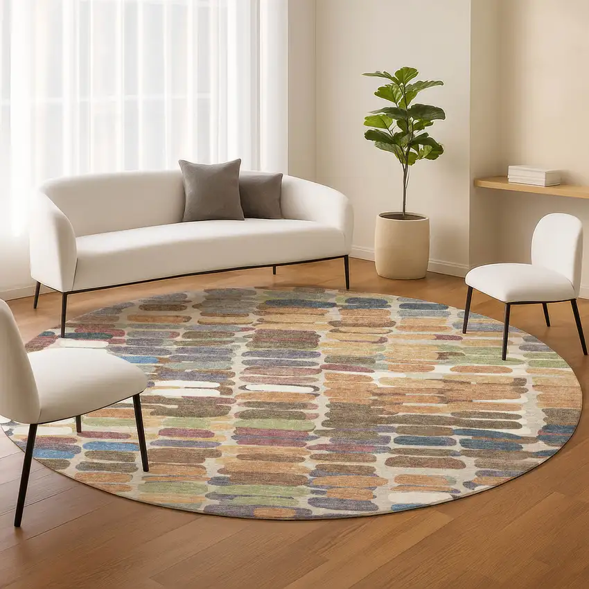 8' Copper White And Gray Round Abstract Washable Indoor Outdoor Area Rug Photo 9