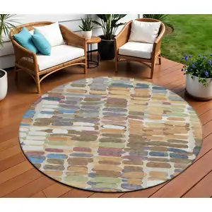 Photo of 8' Copper White And Gray Round Abstract Washable Indoor Outdoor Area Rug