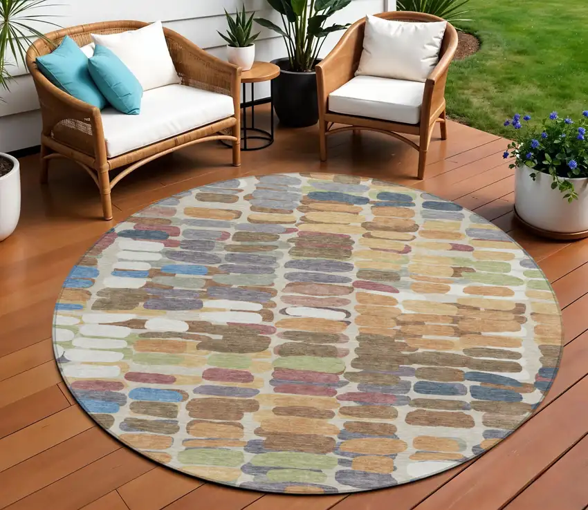 8' Copper White And Gray Round Abstract Washable Indoor Outdoor Area Rug Photo 1