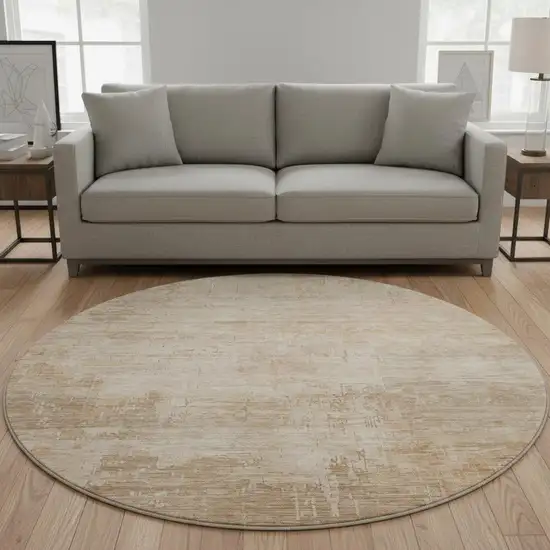 8' Coral And Beige Abstract Washable Round Rug With UV Protection Photo 2