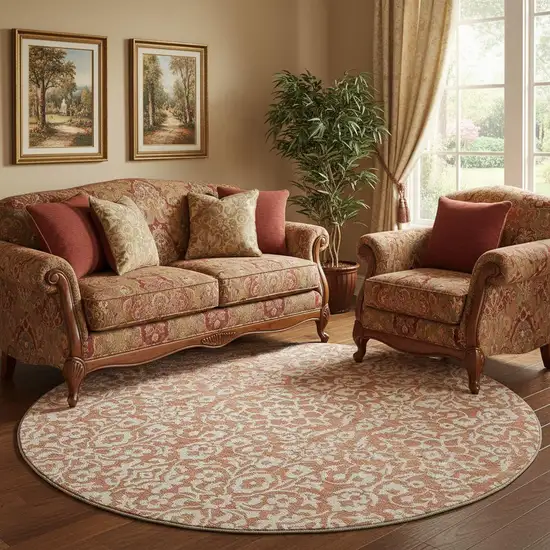 8' Coral And Beige Damask Washable Round Rug With UV Protection Photo 1