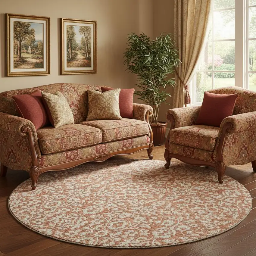 8' Coral And Beige Damask Washable Round Rug With UV Protection Photo 1