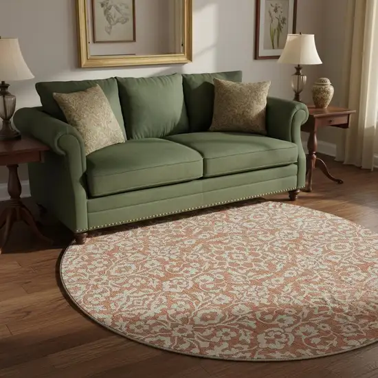 8' Coral And Beige Damask Washable Round Rug With UV Protection Photo 2