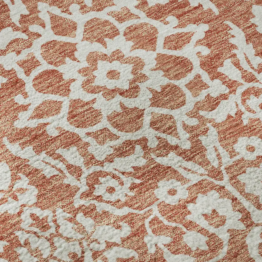 8' Coral And Beige Damask Washable Round Rug With UV Protection Photo 9