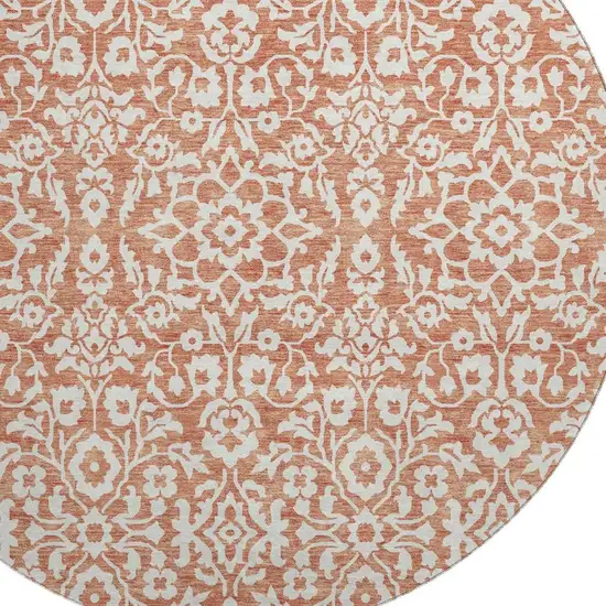 8' Coral And Beige Damask Washable Round Rug With UV Protection Photo 3