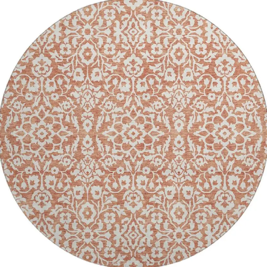 8' Coral And Beige Damask Washable Round Rug With UV Protection Photo 4