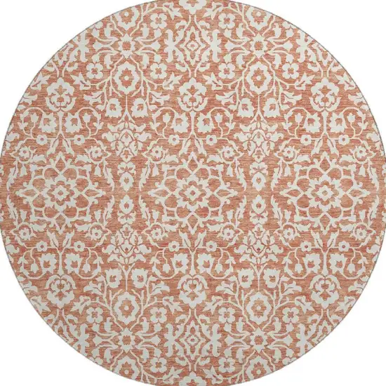 8' Coral And Beige Damask Washable Round Rug With UV Protection Photo 4