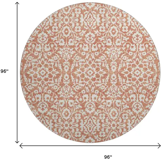 8' Coral And Beige Damask Washable Round Rug With UV Protection Photo 3