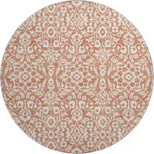 Photo of 8' Coral And Beige Damask Washable Round Rug With UV Protection