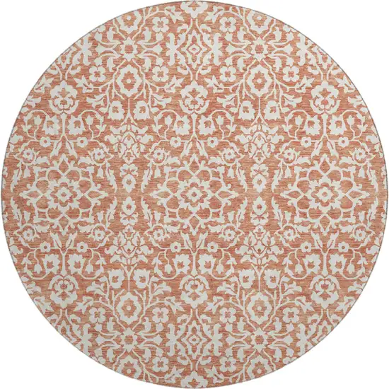 8' Coral And Beige Damask Washable Round Rug With UV Protection Photo 1
