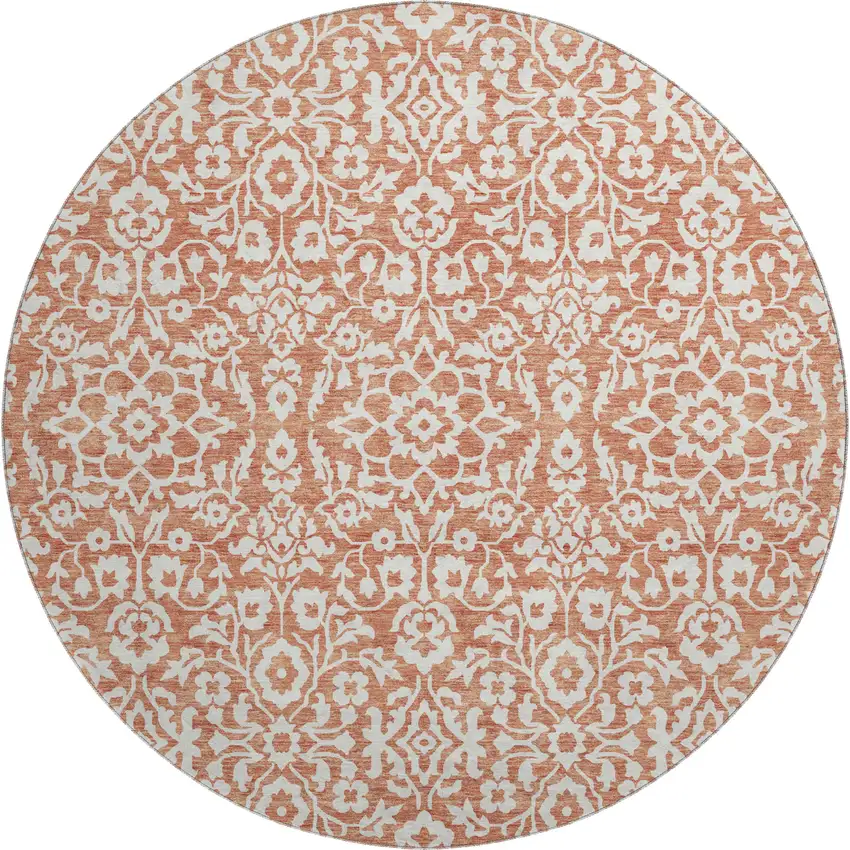8' Coral And Beige Damask Washable Round Rug With UV Protection Photo 1