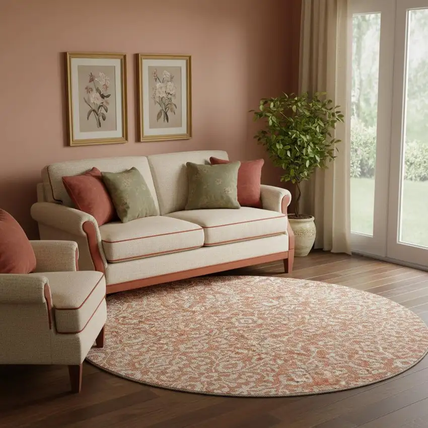 8' Coral And Beige Damask Washable Round Rug With UV Protection Photo 1