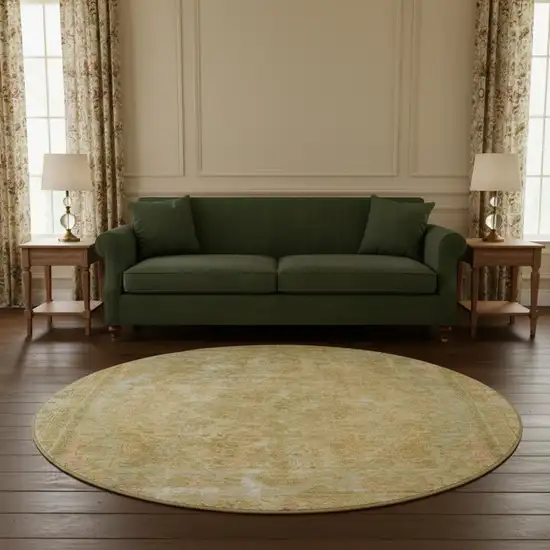 8' Coral And Beige Floral Medallion Washable Round Rug With UV Protection Photo 2