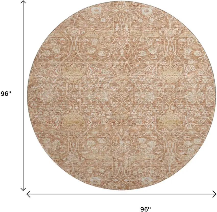 8' Coral And Beige Floral Washable Round Rug With UV Protection Photo 9