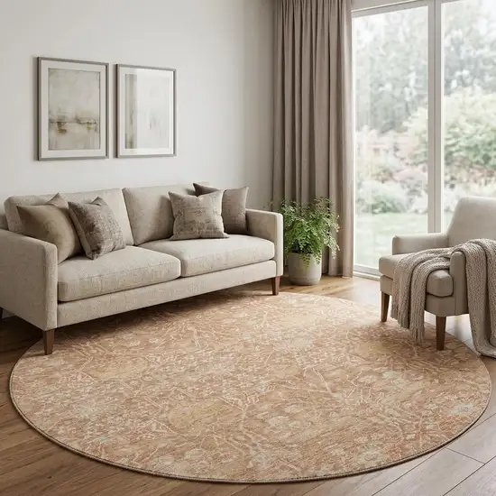 8' Coral And Beige Floral Washable Round Rug With UV Protection Photo 1