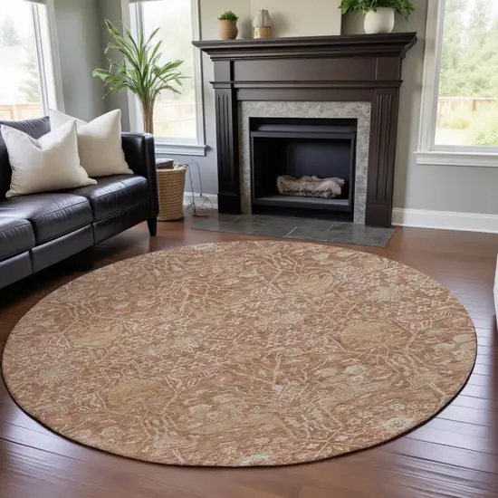 8' Coral And Beige Floral Washable Round Rug With UV Protection Photo 4