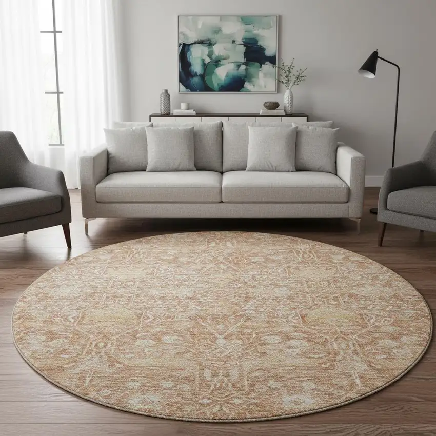 8' Coral And Beige Floral Washable Round Rug With UV Protection Photo 2