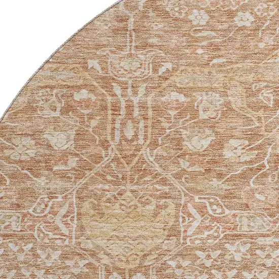 8' Coral And Beige Floral Washable Round Rug With UV Protection Photo 2