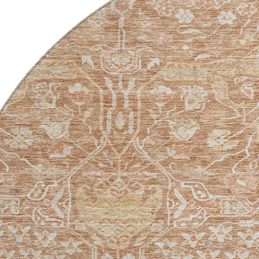 8' Coral And Beige Floral Washable Round Rug With UV Protection Photo 2