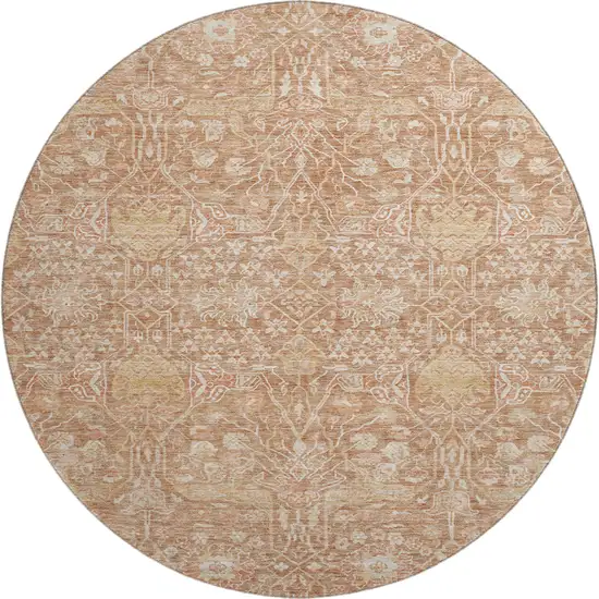 8' Coral And Beige Floral Washable Round Rug With UV Protection Photo 1