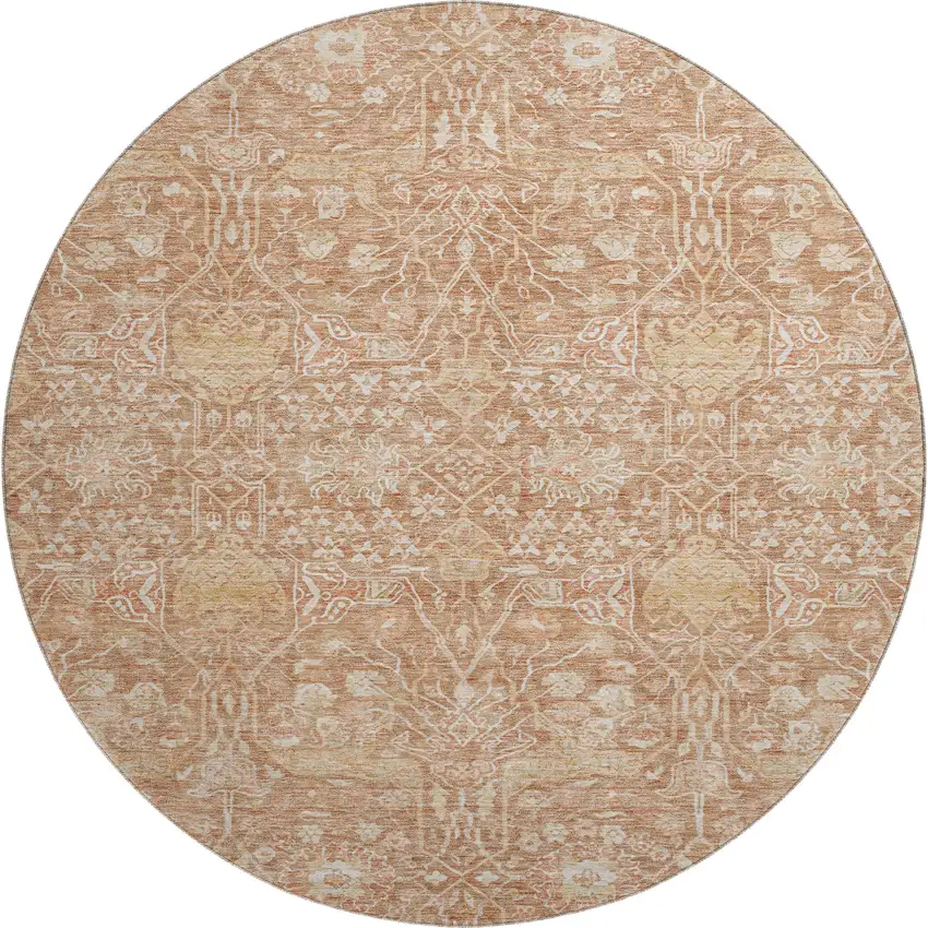 8' Coral And Beige Floral Washable Round Rug With UV Protection Photo 1