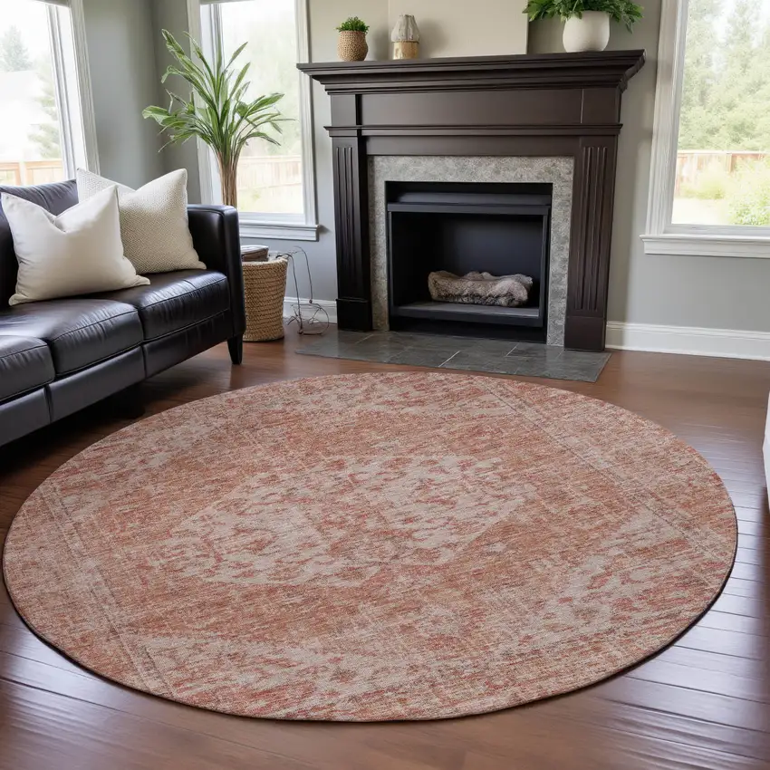 8' Coral And Beige Medallion Washable Round Rug With UV Protection Photo 4