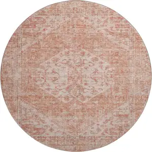 Photo of 8' Coral And Beige Medallion Washable Round Rug With UV Protection