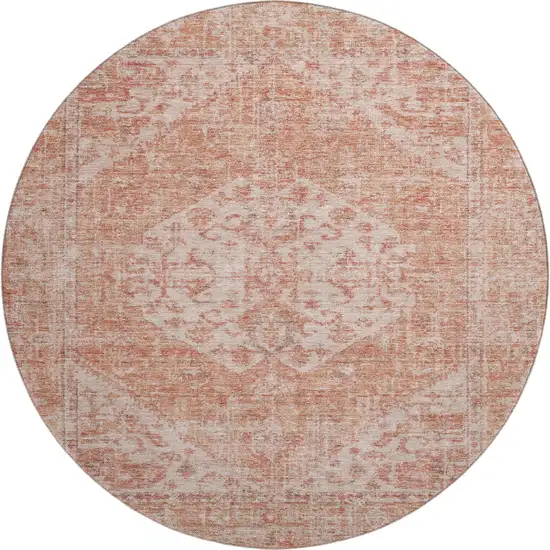 8' Coral And Beige Medallion Washable Round Rug With UV Protection Photo 1