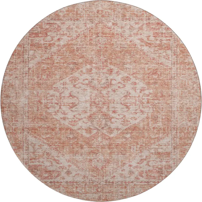8' Coral And Beige Medallion Washable Round Rug With UV Protection Photo 1