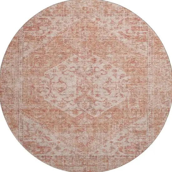 8' Coral And Beige Medallion Washable Round Rug With UV Protection Photo 3