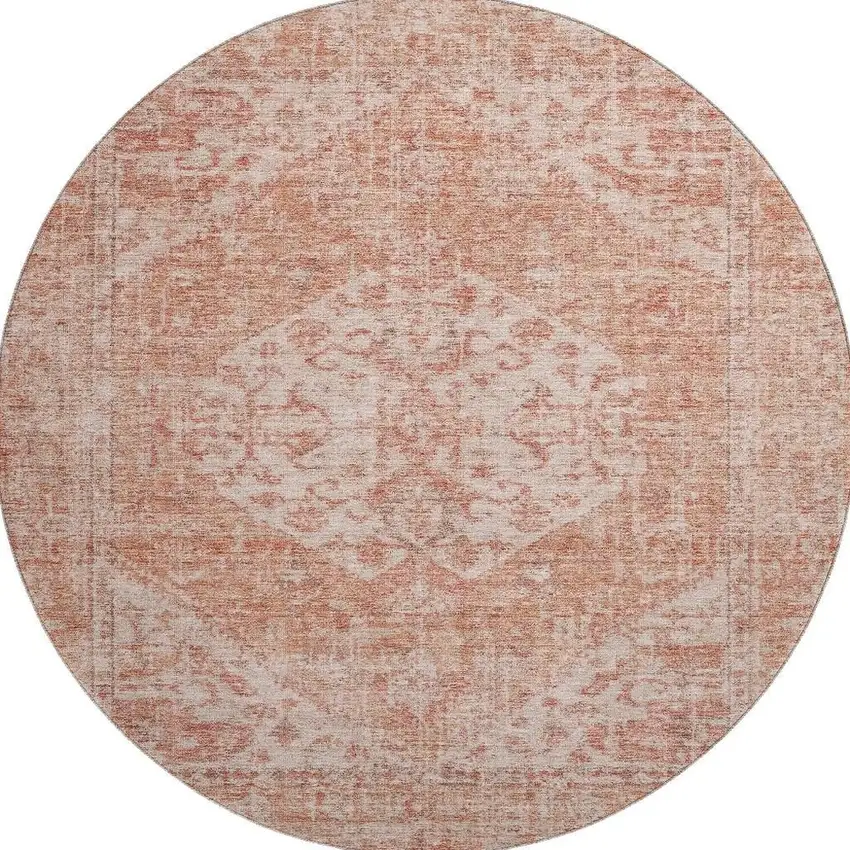 8' Coral And Beige Medallion Washable Round Rug With UV Protection Photo 3