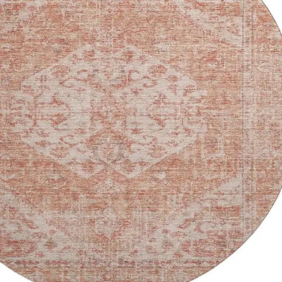 8' Coral And Beige Medallion Washable Round Rug With UV Protection Photo 2