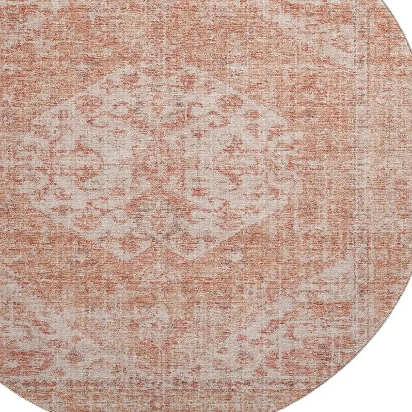 8' Coral And Beige Medallion Washable Round Rug With UV Protection Photo 2