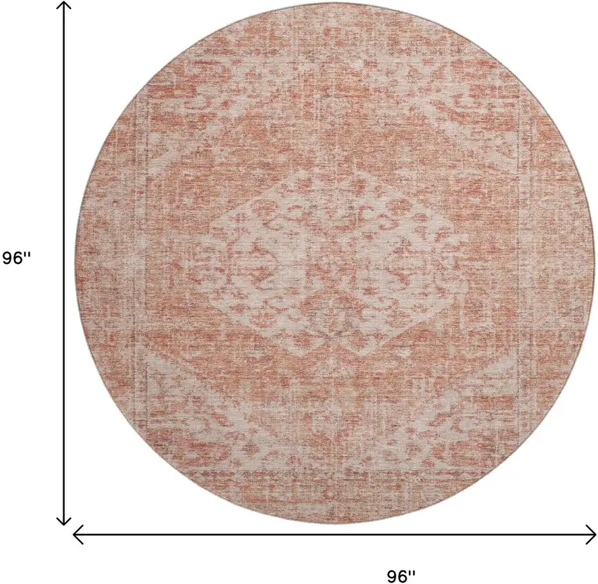 8' Coral And Beige Medallion Washable Round Rug With UV Protection Photo 9