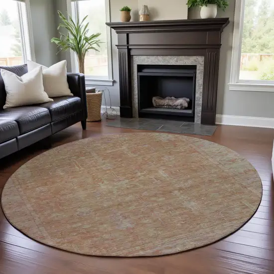 8' Coral And Beige Oriental Washable Round Rug With UV Protection Photo 4