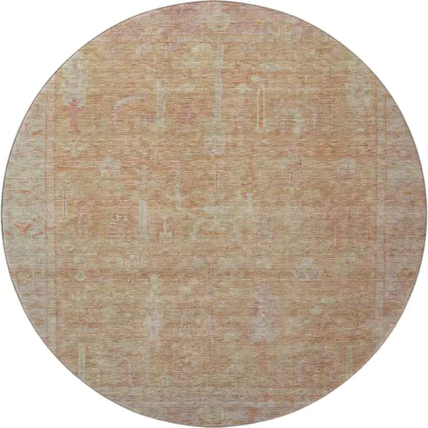 8' Coral And Beige Oriental Washable Round Rug With UV Protection Photo 3