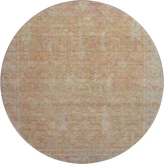8' Coral And Beige Oriental Washable Round Rug With UV Protection Photo 1
