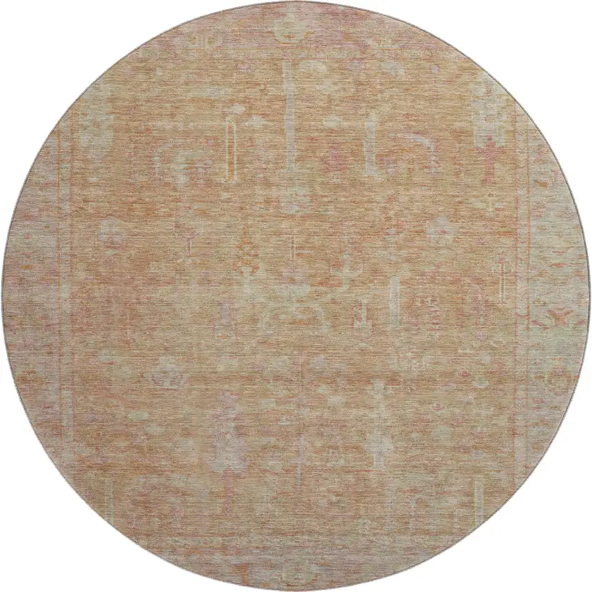 8' Coral And Beige Oriental Washable Round Rug With UV Protection Photo 1
