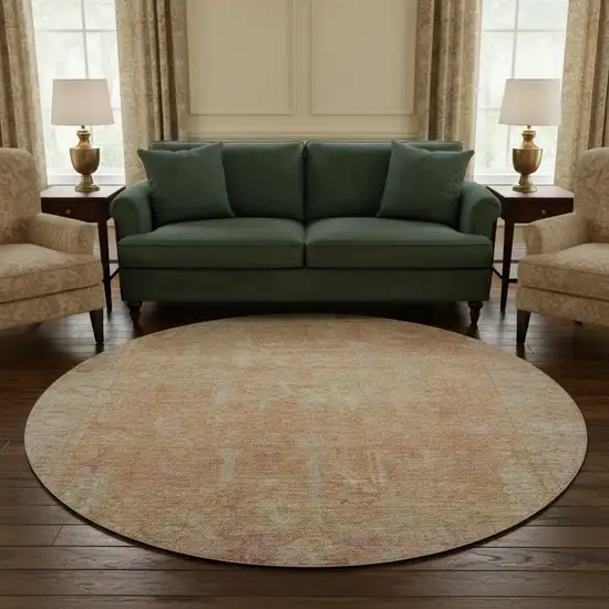 8' Coral And Beige Oriental Washable Round Rug With UV Protection Photo 2
