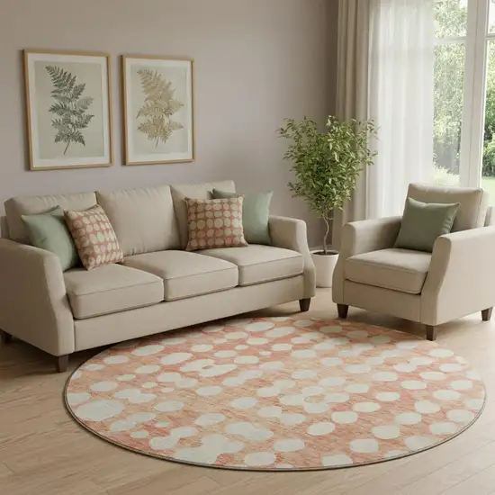 8' Coral And Beige Polka Dot Washable Round Rug With UV Protection Photo 1