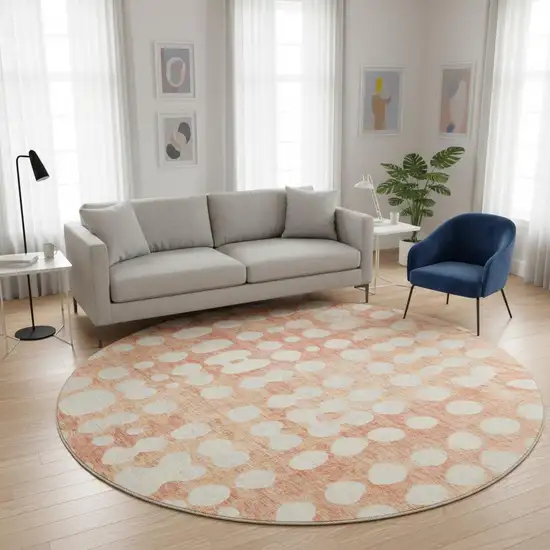 8' Coral And Beige Polka Dot Washable Round Rug With UV Protection Photo 2