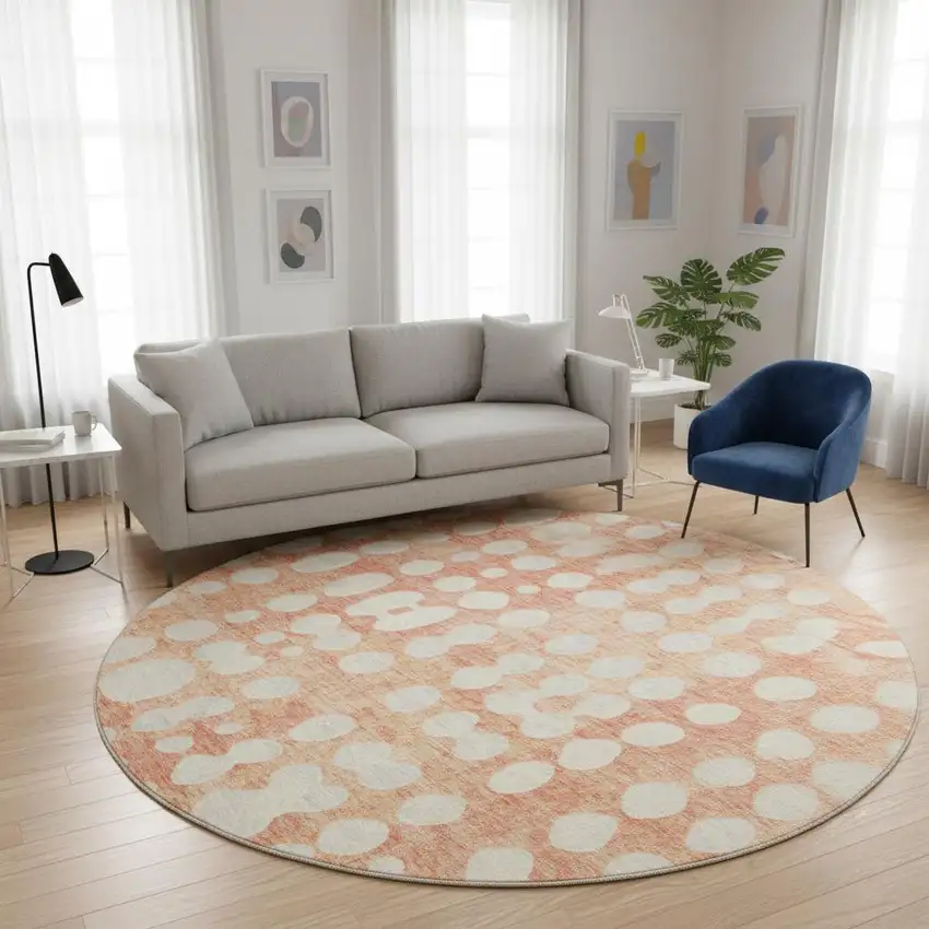 8' Coral And Beige Polka Dot Washable Round Rug With UV Protection Photo 2