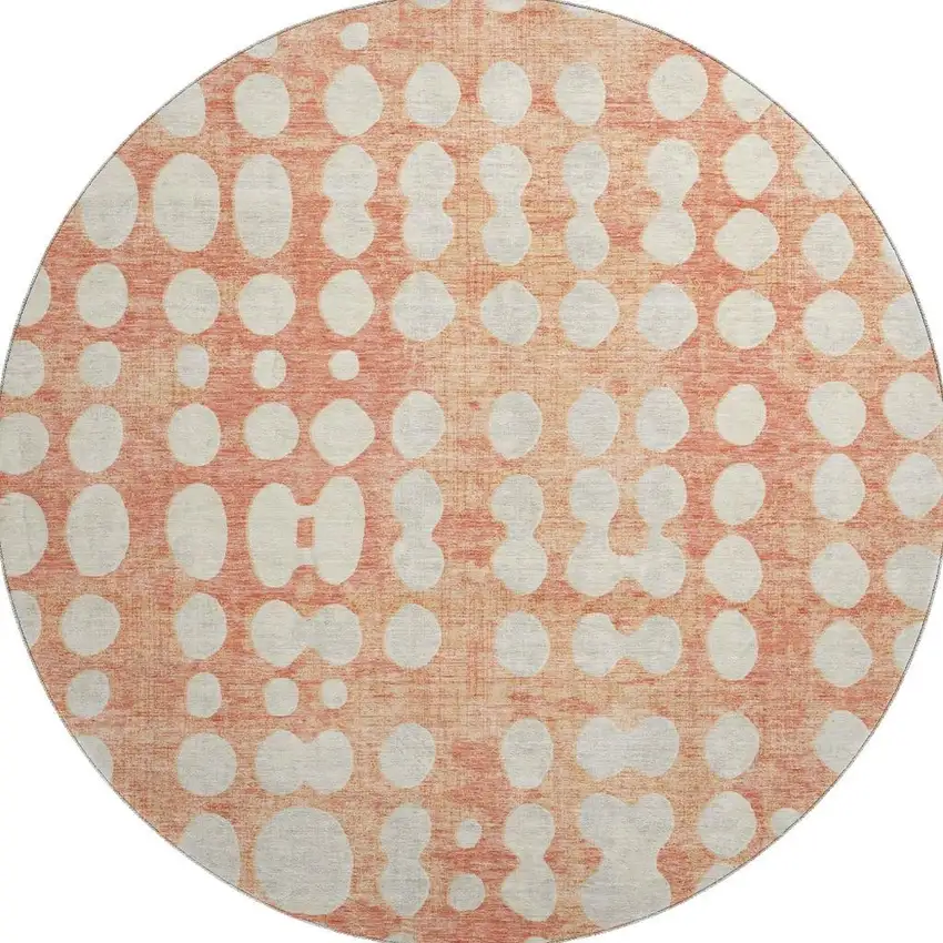 8' Coral And Beige Polka Dot Washable Round Rug With UV Protection Photo 4