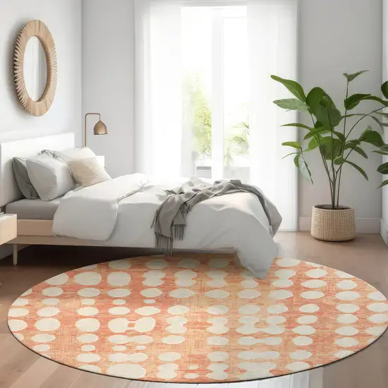 8' Coral And Beige Polka Dot Washable Round Rug With UV Protection Photo 5