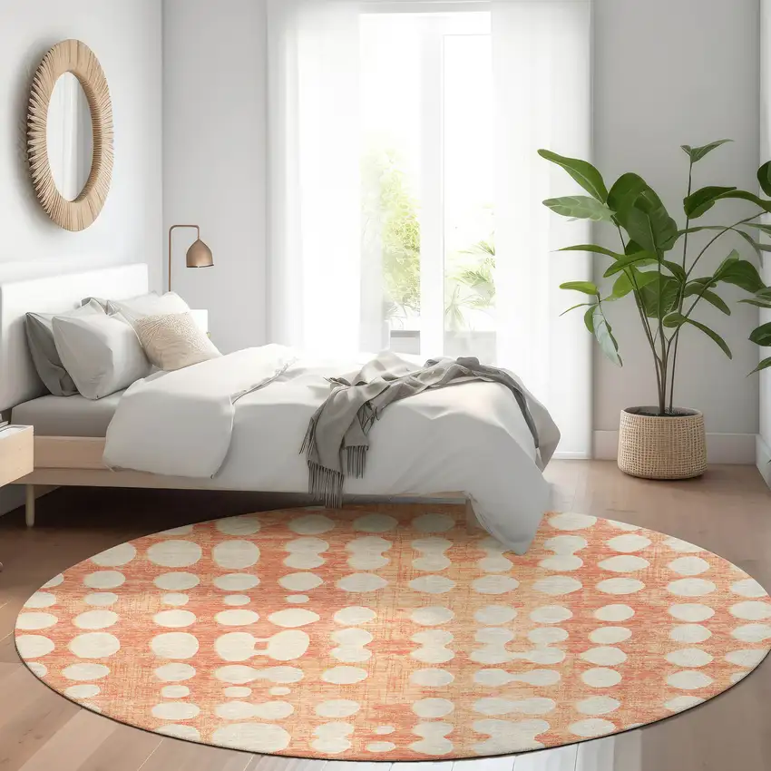 8' Coral And Beige Polka Dot Washable Round Rug With UV Protection Photo 5
